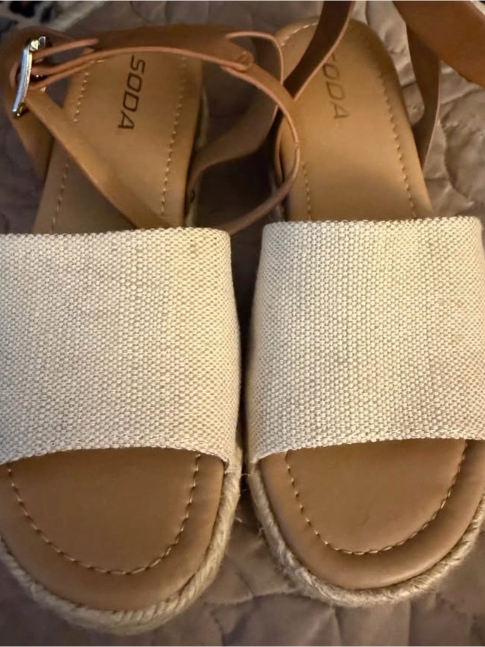 SODA Cream Canvas Espadrille Sandals with Tan Straps
